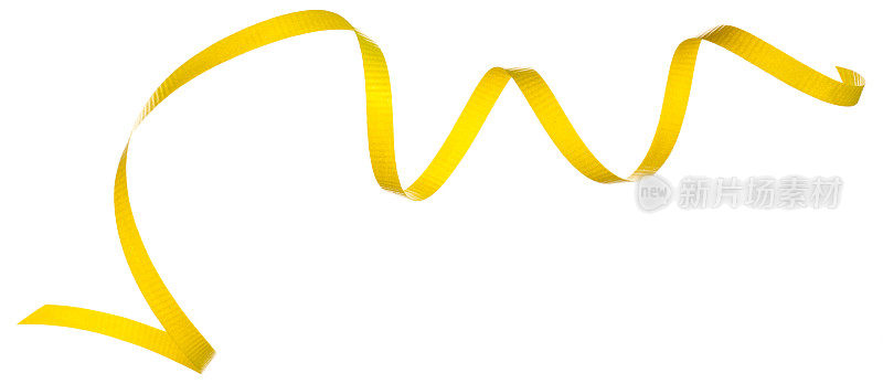 白色背景上的黄色卷曲丝带。
