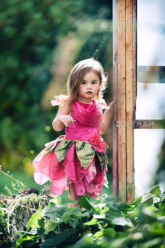 小女孩，穿着仙女裙，走进温室