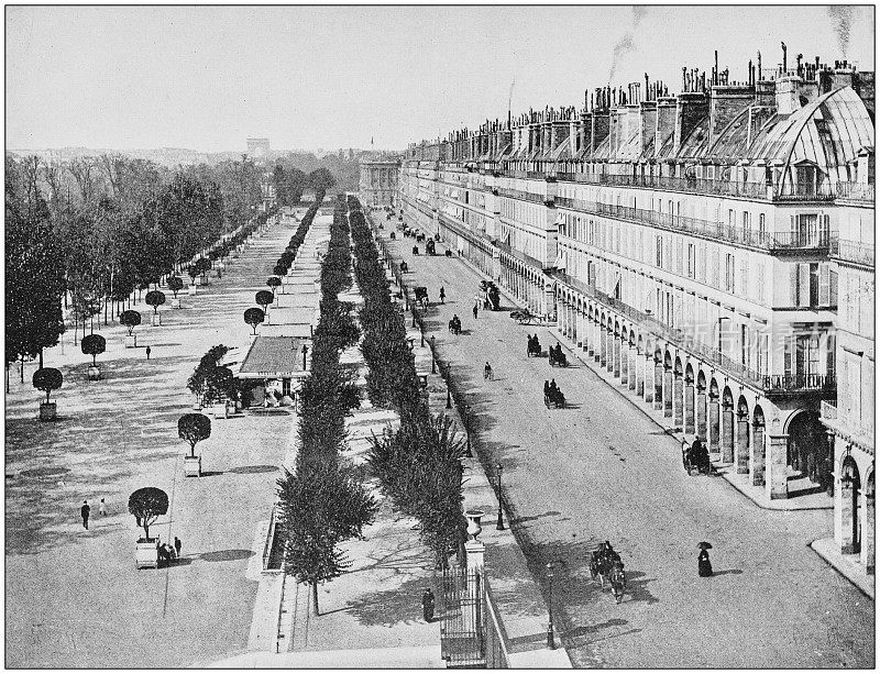 世界著名景点的古董照片:里沃利街和杜伊勒里宫花园，巴黎，法国