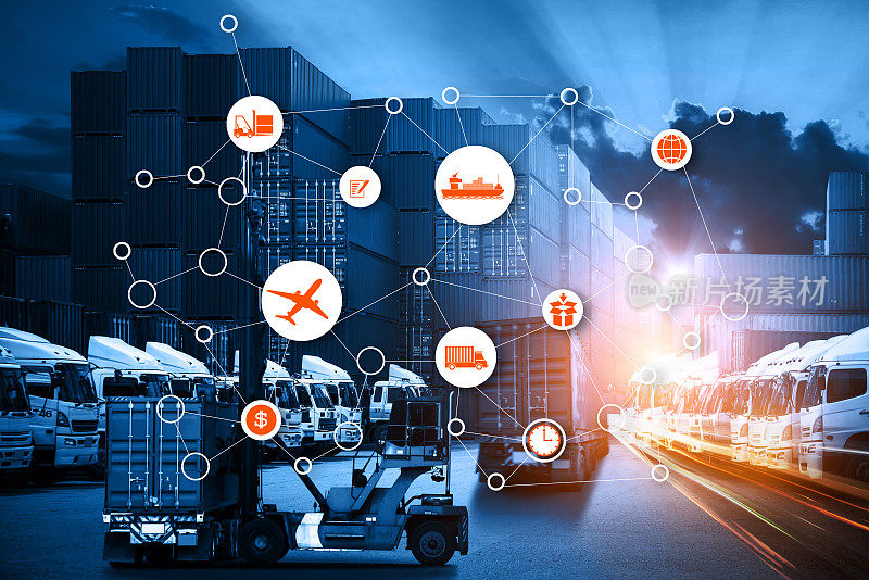 业务物流理念，全球业务连接技术接口，全球合作伙伴连接集装箱货运船舶