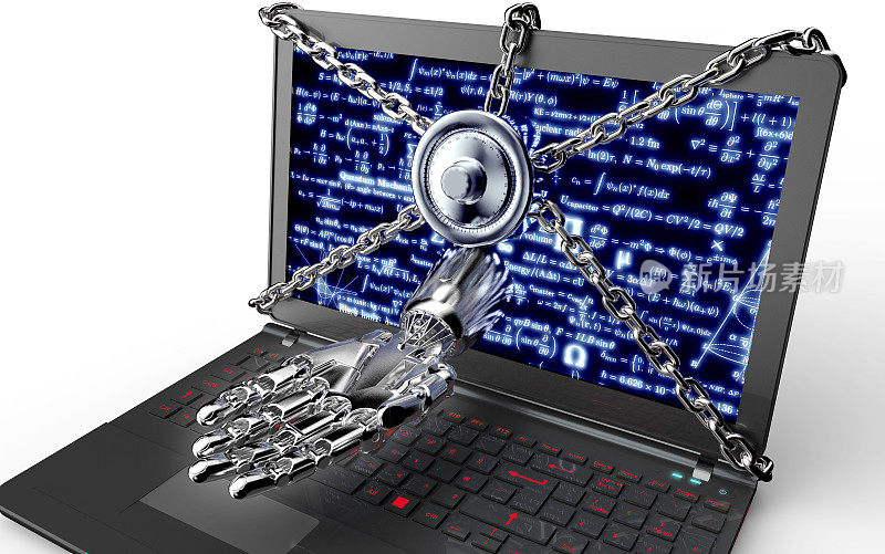 恶意软件攻击概念挂锁与机器人