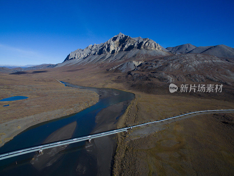 美丽的山脉和石油管道，阿拉斯加，美国