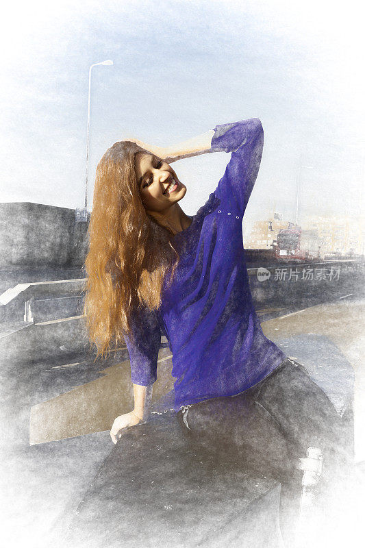 印象派美人在紫色的俄罗斯室外女孩沃克斯豪尔桥