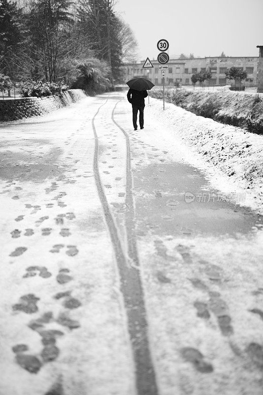 在下雪期间在街上行走的人的后视图