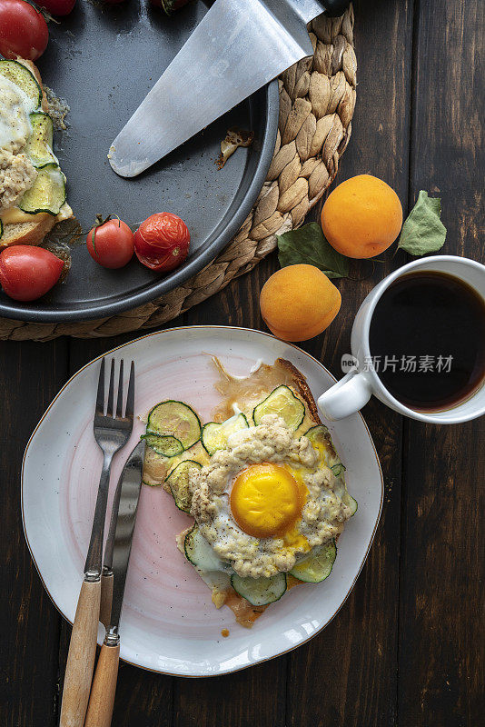 自制健康早餐:吐司配鸡蛋、鸡肉和黄瓜