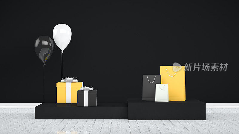 3D纸质购物袋与产品平台，讲台，最小的设计，黑色星期五概念