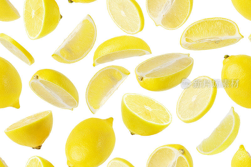 无缝图案飞行黄色柠檬在白色背景。包装设计