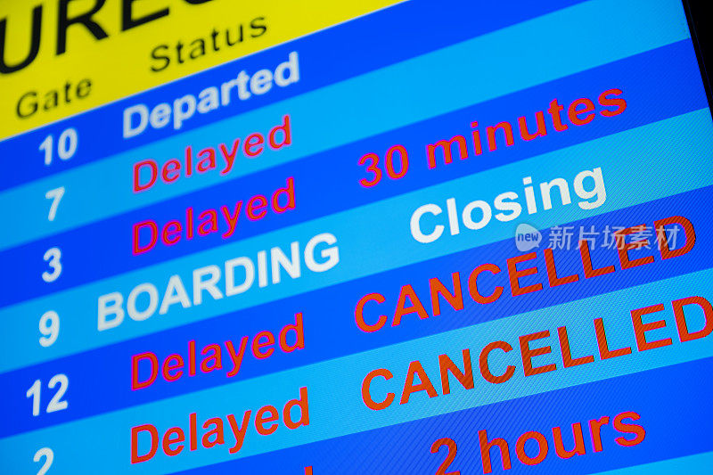 由于各种原因而“延误”的航班在“登机”时的离港板特写。