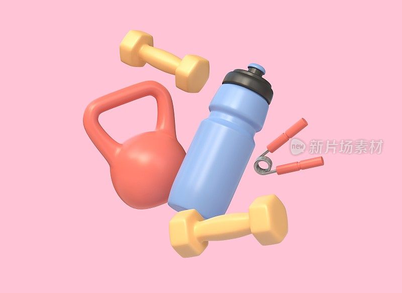 3d塑料水瓶，哑铃，壶铃。健康生活方式，运动健身理念。插图孤立的粉红色背景。三维渲染
