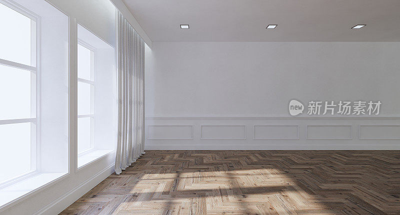 室内的空房间风格古典，铺着木地板，白色墙壁装饰着白木窗。还有向外看3D渲染的自然景观。