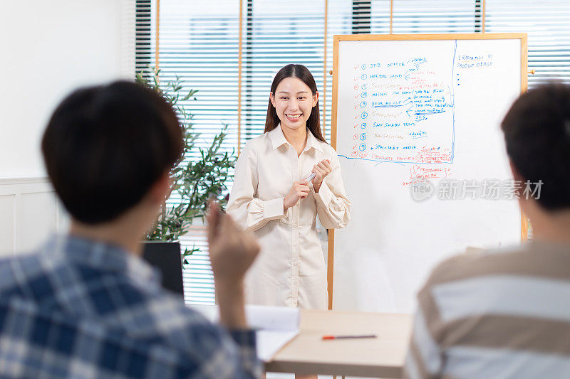 商务人士在家庭办公室向合作伙伴介绍新项目。年轻的女商人在会议室里做报告。