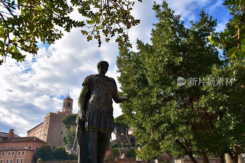 在意大利罗马，凯撒大帝的雕像靠近一棵绿树