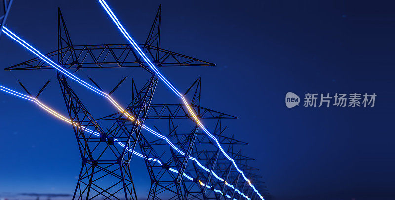 高压输电塔上有发光电流线，夜间电力通过电线输送到城市和家庭，可再生绿色能源电网基础设施概念3d渲染