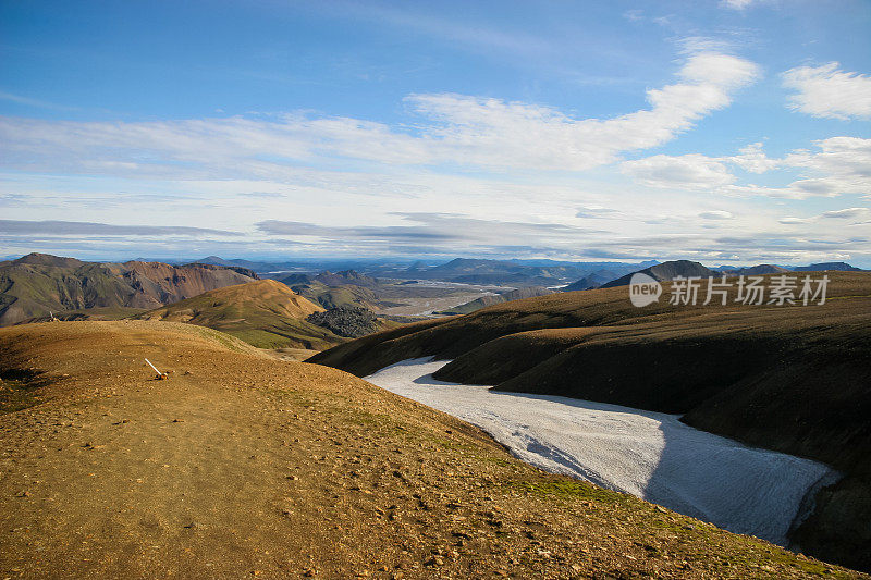 冰岛Laugevegur步道起点的Landmannalaugar周围起伏的、色彩斑斓的山脉，山谷的阴影中隐藏着积雪