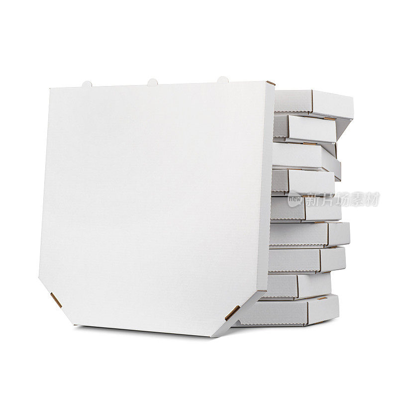 一个空白的披萨盒叠在一叠由9个封闭的白色纸板披萨盒叠成的一叠。