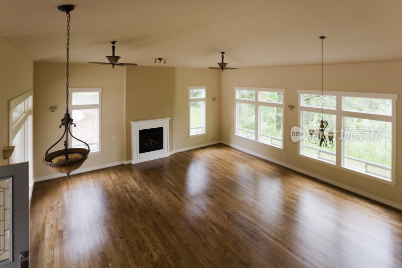新家庭室内大的家庭房硬木地板，自然光