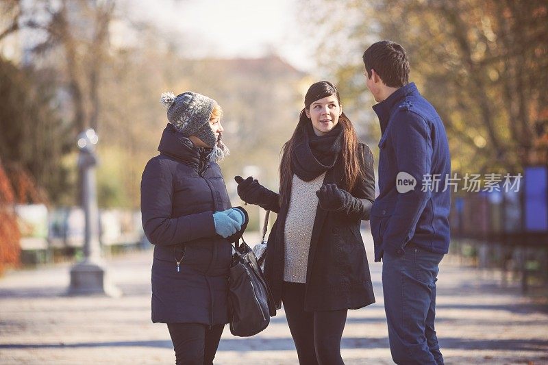 一对怀孕夫妇和朋友在公园里聊天