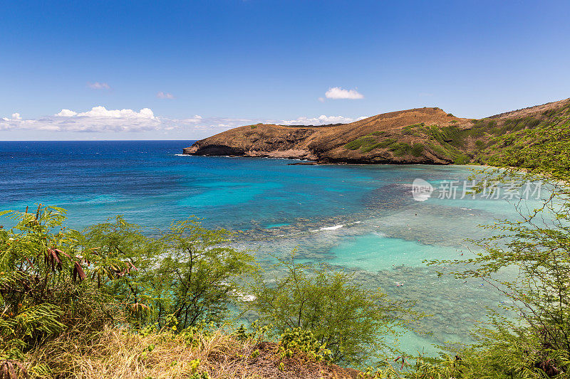 阳光明媚的一天，夏威夷的哈瑙马湾海滩和珊瑚礁