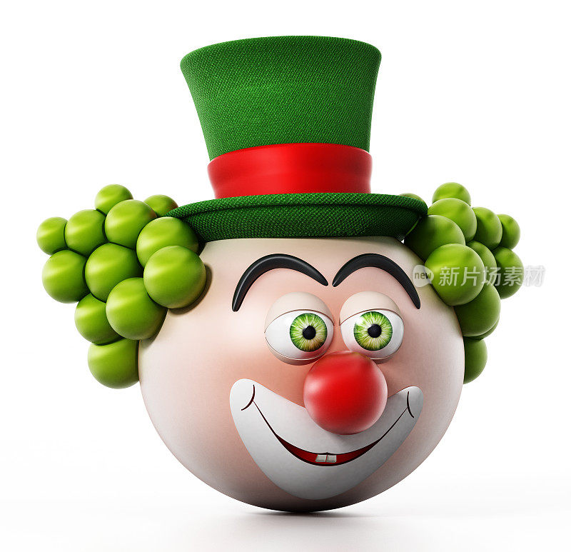 3D插图小丑戴绿帽子孤立在白色