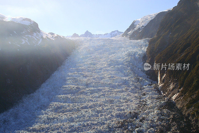 鸟瞰图雄伟的弗朗茨约瑟夫冰川在田园诗般的南阿尔卑斯山，韦斯特兰国家公园，新西兰南部