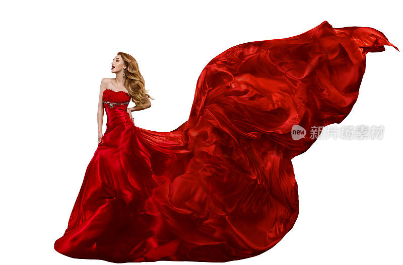 女装时尚红裙，迎风飘扬的长袍，飞扬的织物