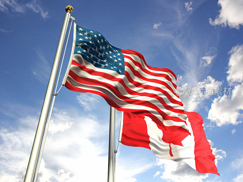 美国和加拿大的国旗在天空中飘扬