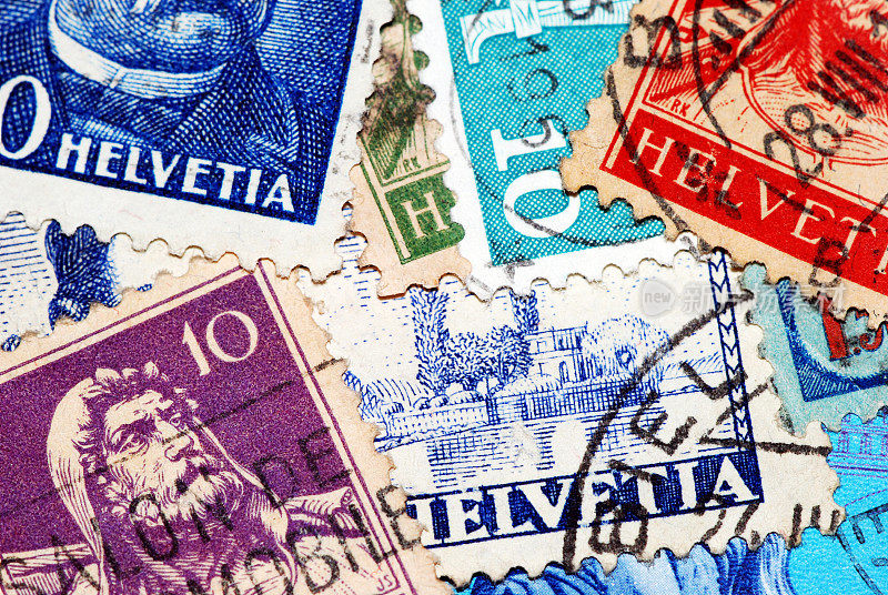 收藏瑞士古董邮票的微距相片
