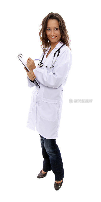 年轻的女医生，带着听诊器和写字板