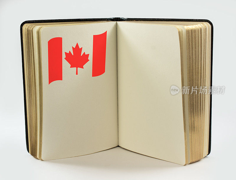 打开一页带加拿大国旗的书，抄写空间