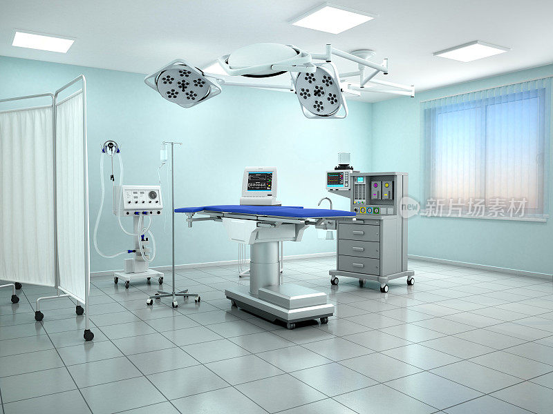 手术室的内部视图，蓝色调