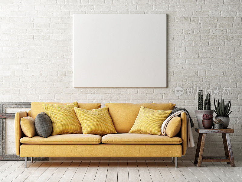 模拟海报与黄色沙发，仙人掌和木制框架