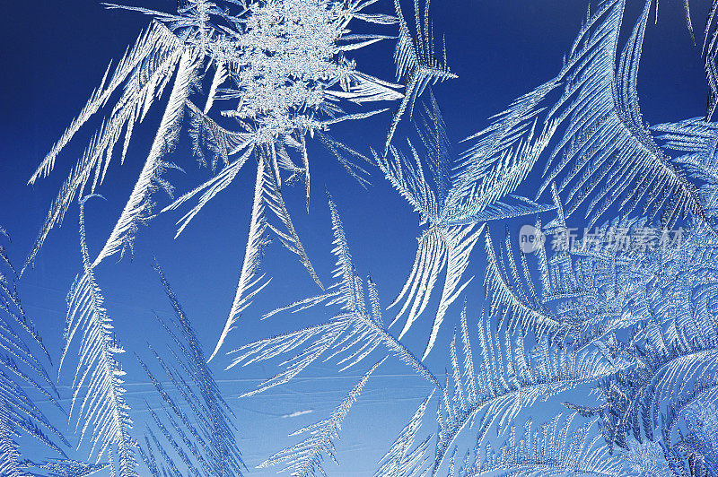 冬天的背景，霜冻和冰晶在窗户上