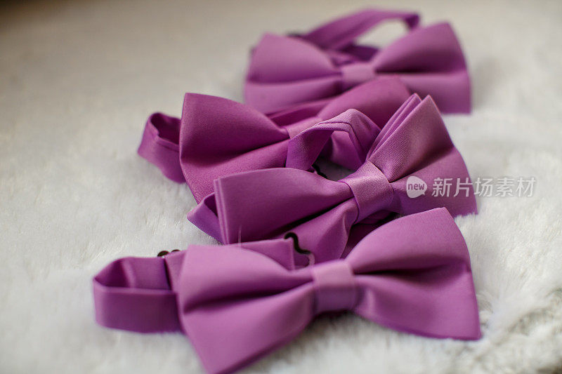 一组紫色领结的伴郎在婚礼上