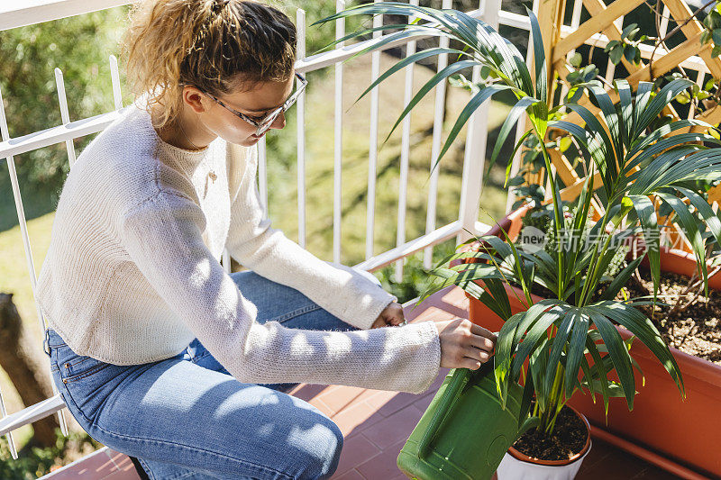 年轻女子照顾盆栽植物，家庭园艺