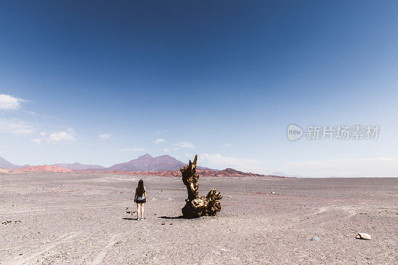 女人探索阿塔卡马沙漠的火山景观