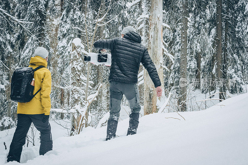 朋友们带着摄像机徒步穿越雪地