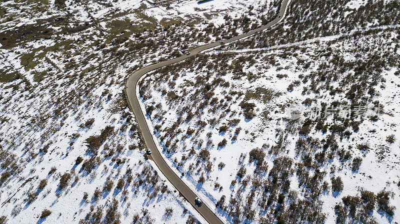 无人机拍摄的美丽雪山冬季弯弯曲曲的道路