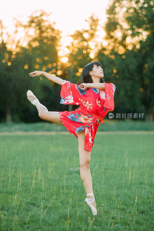 穿着红色和服的日本芭蕾舞女演员站在燕子的姿势。