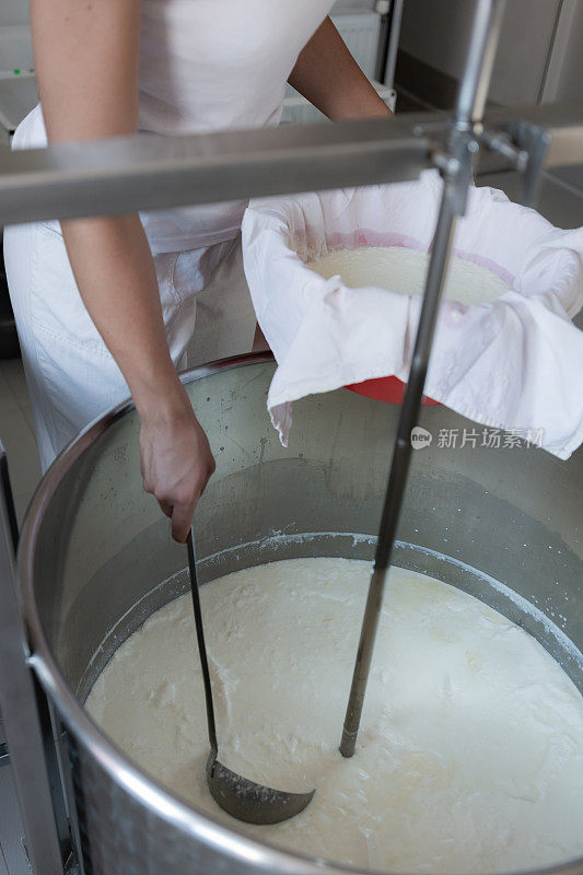 这个女人的手在奶酪工厂里做软奶酪