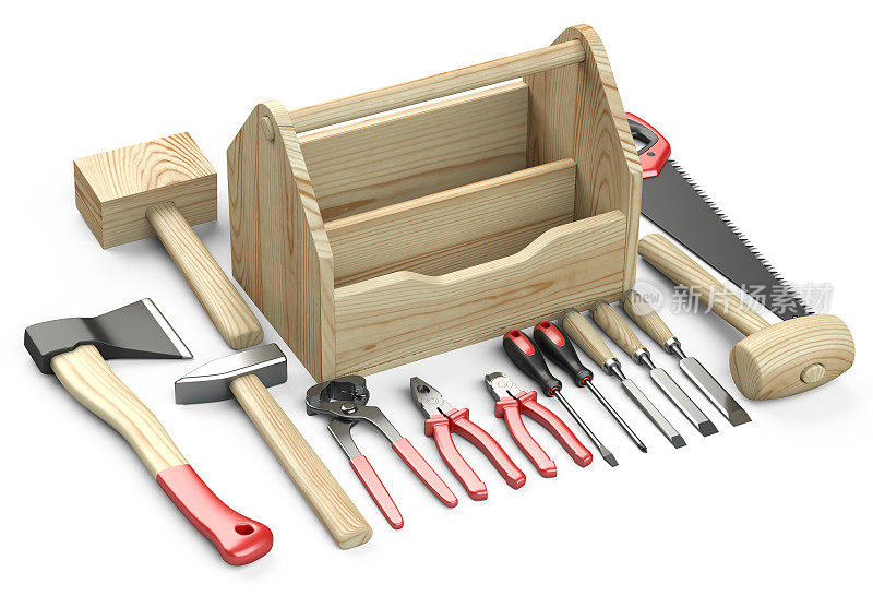 装工具箱的木箱。旁边有一把斧头、一把凿子、一把凿子、一把钳子、一把木槌、一把锤子、一把螺丝刀、一把扳手、一把锯子和一把钳子。