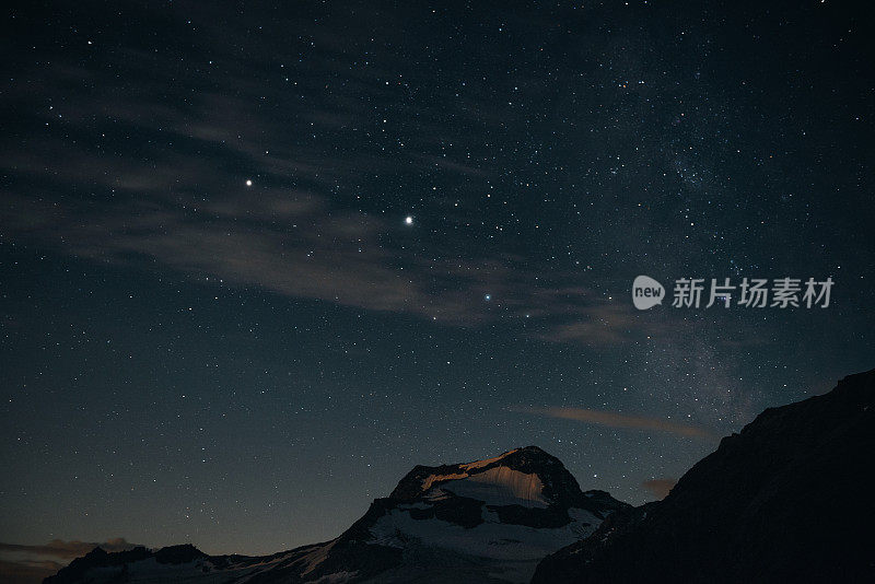 高山:日落后的高山景观。我们看到了金星和银河系的开端