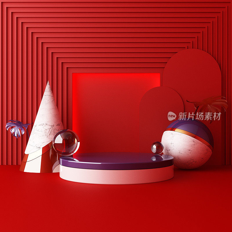 最小抽象几何背景与直接阳光在阴影红色和蓝色。展示场景与空讲台产品演示3d渲染