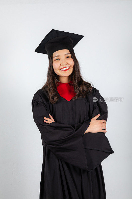 微笑的研究生，戴着学士帽，穿着学士服，背景是白色的