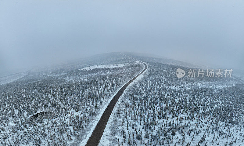 加拿大育空地区，暴风雪过后冬季北方自然森林的全景鸟瞰图