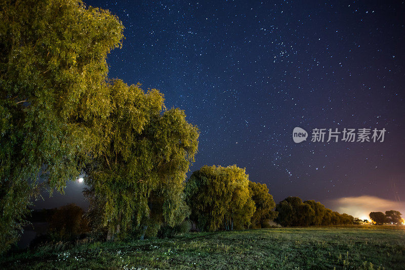 夜空。星星。美丽的夜晚景观。长时间的曝光。雾在草地上。晨光。夏天的星空。绿色的树