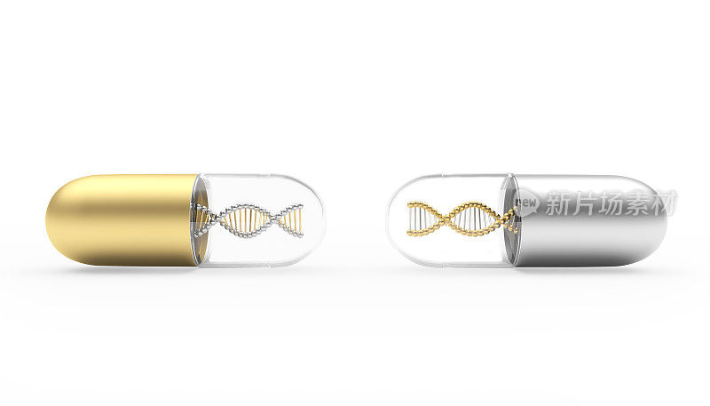 两颗带DNA螺旋的金和银药丸。