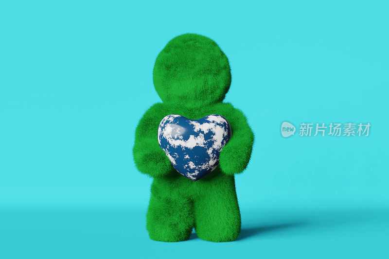 地球日快乐卡片4月22日可爱的绿草雪人心脏星球3d渲染生态环境拯救气候变化。