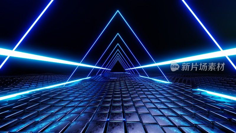 3d技术抽象霓虹灯背景，空白空间场景，聚光灯，黑夜，虚拟现实，网络未来科幻背景，街道地板工作室模拟。彩色几何。