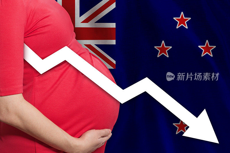 新西兰国旗背景下的孕妇特写。生育率下降