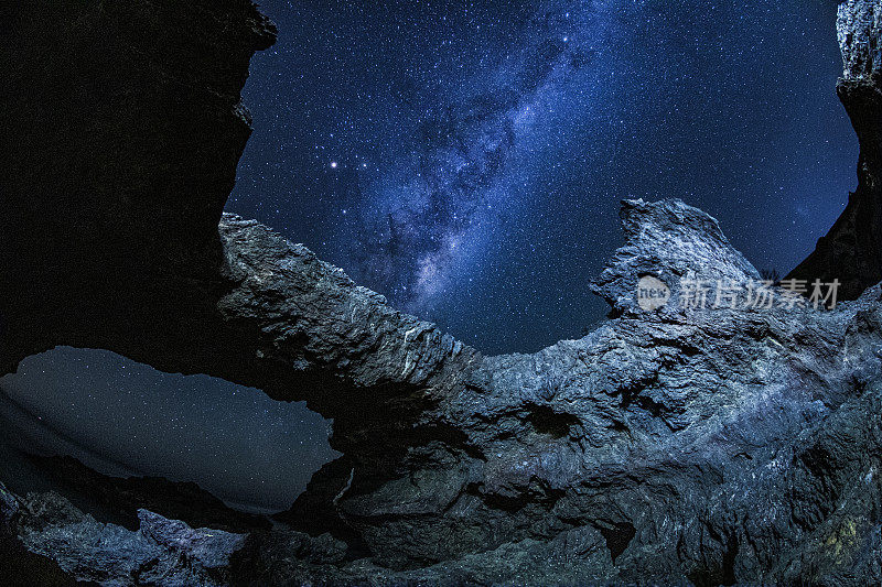 夜晚的银河系，前景中独特的岩层